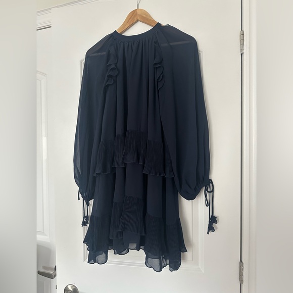 En Saison Navy Pleated Tiered Long Sleeve Mini Dress / Tunic Top XS Ruffle Sheer - Picture 3 of 10